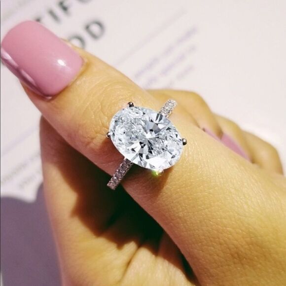 NEW! 18K White Gold Plated 5 Carat Solitaire Oval Diamond Engagement Ring - Picture 6 of 12
